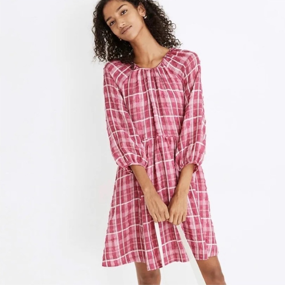 Madewell Plaid Shirred Babydoll Mini Dress Pink